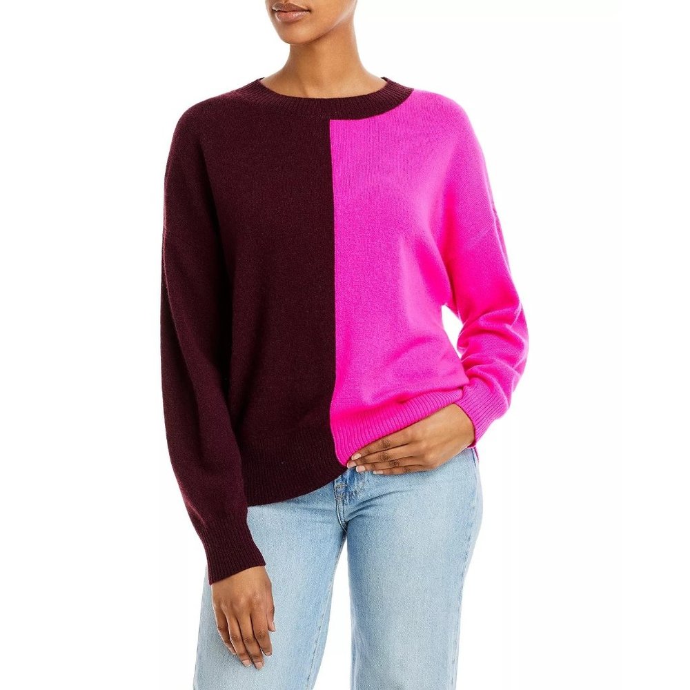 AQUA Cashmere Color Block Cashmere Sweater - Dark Raisin Neon Pink - Size Small